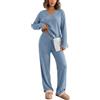 Tankaneo Pigiama lungo da donna, a costine, con tasca | scollo a V, vita elastica, vestibilità ampia, comoda tuta da casa in due pezzi, abbigliamento da notte per autunno e inverno