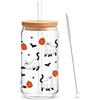 Silkenaire Bicchiere di Vetro per Halloween 500 ML con Fantasma, Coperchio e Cannuccia