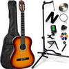 AMROVA Set chitarra classica 3/4 bambino per mancini, 9-12 anni, supporto per chitarra + supporto per piedi + 9 accessori per cortile video e CD (Sunburst)