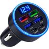 Rivvra Adattatore 6 in 1 del caricatore dell'automobile del USB del LED, 2 porte | Caricabatteria da auto a 6 porte 12/24 V, veloce USB, accendisigari con voltmetro LED, compatibile con la maggior parte dei