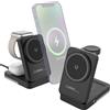 Callstel stazione ricarica Qi per iPhone: Set di 2 Stazione di ricarica 3in1, per iPhone, Apple Watch e AirPods, Compatibile con MagSafe, 15 watt (wireless, rapida, adattatore cuffie)