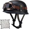 GAOFZHAO Casco Moto Mezza Scodella Cuoio Retro, Stile Tedesco M35 Vintage con Cuciture Rosse, Omologato ECE 22.06, Calotta Anti-Fungo con Occhiali per Cruiser Bobber