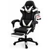 VTA Sedia Gaming Ergonomica Reclinabile 90°-135° con Poggiapiedi Estraibile - Poltrona Gaming con Cuscino Lombare e Cervicale, Altezza Regolabile, Rotazione 360°, 5 Ruote, Portata 130 kg (Nero/Bianco)