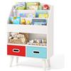 GYMAX Scaffale Libreria per Bambini in Legno con 3 Ripiani, Scomparto Aperto, 2 Cassetti Pieghevoli, Kit Anti-Ribaltamento, Organizzatore per Cameretta, Stanza Giochi e Asilo, 63x30x97 cm (Bianco)
