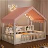 Huayz Lettino Montessori per bambini, 90 x 200 cm, con catena di luci a LED e libreria, letto da terra Montessori con griglia di sicurezza e rete a doghe, letto in legno per ragazzi e ragazze, senza