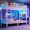Yrxin Letto a castello con scrivania, 90 x 200 cm, telaio in ferro, letto a soppalco con barra luminosa a LED e porta USB, vano portaoggetti, ringhiera di sicurezza, scala, senza materasso