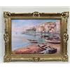 Artissimo Quadro con cornice dorata, villaggio di pescatore, con barche da pescatore, mare e acqua, paesaggio paesaggistico, dipinto da parete con cornice