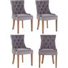 CLP Set 4 Poltrone Pranzo Aberdeen Stile Chesterfield In Velluto E Legno Caucciù | Colore grigio Colore del telaio antico chiaro