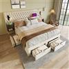 NuvlaGu Letto imbottito 180 x 200 cm con 2 comodini e 4 cassetti, letto matrimoniale, set completo con luce da lettura a LED e funzione di ricarica USB, velluto, beige, senza materasso