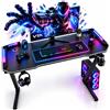 VTA Scrivania Gaming 120x60x75 cm con Luci LED RGB Tavolo Gaming PC con Piano Effetto Carbonio, 2 Passacavi, Portacuffie e Portabicchiere Struttura in Acciaio, Postazione Gamer per Computer e Console