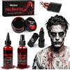 Mexlyca Kit Sangue Finto Halloween, 2 flaconi da 60 ml formato maxi con spray e goccia, gel coagulante 30g e rossetto nero per vampiro, zombie, clown, demone, ghoul, slasher - trucco SFX per cosplay e feste