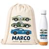 Gifters | Set Sacca Coulisse e Bottiglia Personalizzate | Autos | Sacca per Bambini con Nome 34 × 42 cm + Borraccia in Acciaio Inox da 750 ml | Asilo Nido, Scuola e Gite