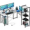 HOMCOM Scrivania Angolare per Computer 137x140cm ad L Reversibile Nero | Doppio Supporto per Monitor, Prese Elettriche, Tavolo per PC con Libreria, per Ufficio Studio e Camera da Letto