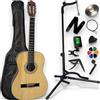 AMROVA Pack Chitarra Classica 3/4 Bambino per Mancino (da 9 a 12 anni) Supporto Chitarra + Poggiapiedi + 9 Accessori Corte Video e CD (Naturale)