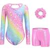 Arshiner Completo da ginnastica per bambine set a 3pezzi con maniche lunghe | Body da ginnastica per bambine con pantaloncini e fascia per capelli; outfit lucido per danza classica,sport e allenamento