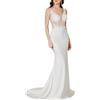 Misshow Abito da sposa boho in pizzo corsetto, scollo a V applicazione floreale 3D sirena con strascico, beige, 48