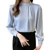 NZYIHAO Camicetta da donna in seta a maniche lunghe con perle decorative, elegante camicia da lavoro, camicia da lavoro, in seta, da lavoro, in raso, colletto alto