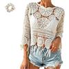 Generic Women's Plain Fringe Trim Cut out Sheer Cover Up,Boho Scallop Trim 3/4 Sleeve Round Neck Cover Up Top for Beach Vacation