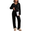Tankaneo Pigiama lungo da donna, a costine, con tasca | scollo a V, vita elastica, vestibilità ampia, comoda tuta da casa in due pezzi, abbigliamento da notte per autunno e inverno