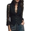Generic Blazer da Donna Blazer Vintage Steampunk per Donna Giacca da Abito con Maniche A 3/4 in Pizzo Patchwork Nero Cappotto Corto Gilet con Scollo A V E Ricamo Floreale Sexy Costume Rinascimentale
