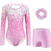 Arshiner Completo da ginnastica per bambine set a 3pezzi con maniche lunghe | Body da ginnastica per bambine con pantaloncini e fascia per capelli; outfit lucido per danza classica,sport e allenamento