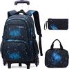 VIDOSCLA Set di 3 zaini per ragazzi e adolescenti con ruote per scuola elementare zaino a rotelle bagaglio a mano con ruote, Nero Blu Galaxy Sky-6 Ruote, 6 Wheels