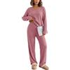 Tankaneo Pigiama lungo da donna, a costine, con tasca | scollo a V, vita elastica, vestibilità ampia, comoda tuta da casa in due pezzi, abbigliamento da notte per autunno e inverno