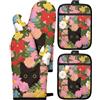 Ruispeed 4-Teiliges Ofenhandschuhe- und Topflappen-Set aus Baumwolle mit Katzen-Blumen-Muster, hitzebeständige Küchenhandschuhe mit Aufhängeschlaufe, Topflappen-Set für Landhaus-Küche im Frühling
