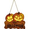 Pomurom Targa da appendere per Halloween con luci, Happy Halloween Zucca in legno per porta di casa, decorazione da parete, cartelli di Halloween, decorazione da parete, per feste all'aperto, decorazione per