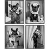 Dazzlewall Set di 4 Pezzi Decorazione Murale Divertente per Bagno, Immagini Buffe di Bulldog Francese in Bianco e Nero per Toilette Bagno 20×25 cm Senza Cornice