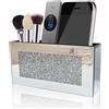 Pansyling Pannello a specchio in vetro per telecomando, da parete, color argento, con diamanti schiacciati, organizer per pennelli da trucco, organizer con decorazione luccicante, per telecomando, telefono,