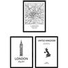 Nacnic set 3 Stampe artistiche cartina geografica della città di Londra, Gran Bretagna. Mappa della città dell'arte Regno Unito, stile nordico in bianco e nero.