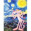 KUSTOM ART Poster Decorativo da Parete Serie Cartoons Pantera Rosa su Notte Stellata Van Gogh Stampa Artistica su Cartoncino 40x30cm Senza Cornice