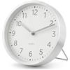 MIJOMA Orologio analogico da tavolo, rotondo, 15 cm, per casa e ufficio | policarbonato e alluminio, quadrante bianco, numeri chiari, profondità 4 cm, funzionamento a batteria, per mensole