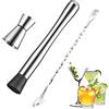 Tissting 3 Pcs Set di Strumenti da Bar per La Casa, Muddler Per Cocktail, Muddler Professionale per Cocktail in Acciaio Inox, Forchetta per Cucchiaio di Miscelazione e Misuratore Doppio Jigger