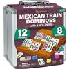 Queensell Domino Treno Messicano Double 12 con 8 Rastrelliere in Legno, 91 Tessere con Punti Colorati, 9 Trenini, Mozzo in Legno e Valigetta, Gioco da Tavolo per 2-9 Giocatori