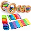 DAHAIHLAN Gioco Montessori in Legno 3 in 1, Gioco per L'ordinamento di Forme e Colori | Include 3 Tipi di Coperchi, 18 Bastoncini di Legno, 14 Strisce di Legno e 10 Dischi