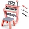 KOMFOTTEU Tastiera Pianoforte per Bambini, Con Sgabello | Pianoforte Elettrico Portatile con 25 Tasti, Leggio Rimovibile e Microfono, Giocattolo Musicale per Bambini 3+ Anni