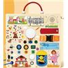 Iabedi Fattoria Busy Board Montessori 23 in 1 per bambini a partire da 1 anno con 15 interruttori, 26 luci LED, carillon musicale, cerniera e serratura, giocattolo in legno per bambini da 1 a 3 anni