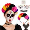 RosyFate Cerchietto Dias De Los Muertos, Con Tatuaggio Temporaneo halloween | Guanti di Pizzo, Fascia per capelli Halloween, Cerchietto con Fiori Messicano, per Halloween e Feste di Carnevale