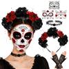 RosyFate Cerchietto Dias De Los Muertos, Con Tatuaggio Temporaneo halloween | Guanti di Pizzo, Fascia per capelli Halloween, Cerchietto con Fiori Messicano, per Halloween e Feste di Carnevale