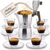 ARBEMA Set Moka 6 Tazze Alluminio e Servizio Caffè Vetro - 12 Pezzi Inclusi | Macchinetta Caffe Moka - 6 Tazzine Vetro e Piattini - Manico Antiscottatura e Sistema Antigoccia - Accessori Cucina ARBEMA