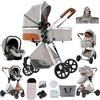 Magic ZC Passeggino Trio, Passeggino 3 in 1 con Spinta Reversibile a Due Vie, Trio Neonati con Accessori, Carrozzina per Neonati con Design Portatile Pieghevole Un Clic (YV9 Light Grey)