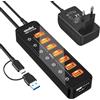 atolla - Hub USB 3.2, 8 porte USB 3.2, con 7 porte USB-A 10 Gbps + 1 porta di ricarica intelligente, interruttore on/off individuale, LED, alimentatore di rete da 20 W per PC/laptop, unità flash