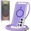 Niokfrci Magnetica Cover per Samsung S25 Ultra con Cordino, Compatibile con MagSafe, Design Bling Glitter Fluorescente, Sottile Traslucida Opaca Custodia con Viola Corda Collana Tracolla per S25 Ultra