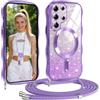 Vauki Cover Magnetica per Samsung Galaxy S25 Ultra con Cordino, Viola | Compatibile con Magsafe Trasparente Glitter Ondulata Protettiva Antiurto Antigraffio Case con Collana Laccio Tracolla