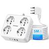 TOPREK Ciabatta Multipresa Elettrica con 8 Prese e 5 Metri, 1 Interruttore | 2 USB C(20W PD3.0 Ricarica Rapida) e 2 USB A, Prolunga Elettrica, Universali ITA 10/16A e Schuko, 4000W/16A Spina Gomito 90°