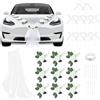 Yooyan Set di decorazioni per auto per matrimonio, colore bianco, con 9 rose, 10 fiocchi e 2 tulle da 1,8 m, coppia di sposi, decorazione per auto di nozze, ghirlanda decorativa per feste di nozze
