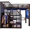Azkoeesy Letto a soppalco metallo 90x200 cm con scala contenitore, Luci LED, appendiabiti, Pannello a griglia metallica, per Cameretta, adolescenti e adulti, Nero