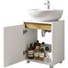 Amveya Mobile sottolavello, bianco, con decorazione in legno di quercia, 42 x 33 x 54,5 cm, stretto, con ripiano regolabile, senza maniglia